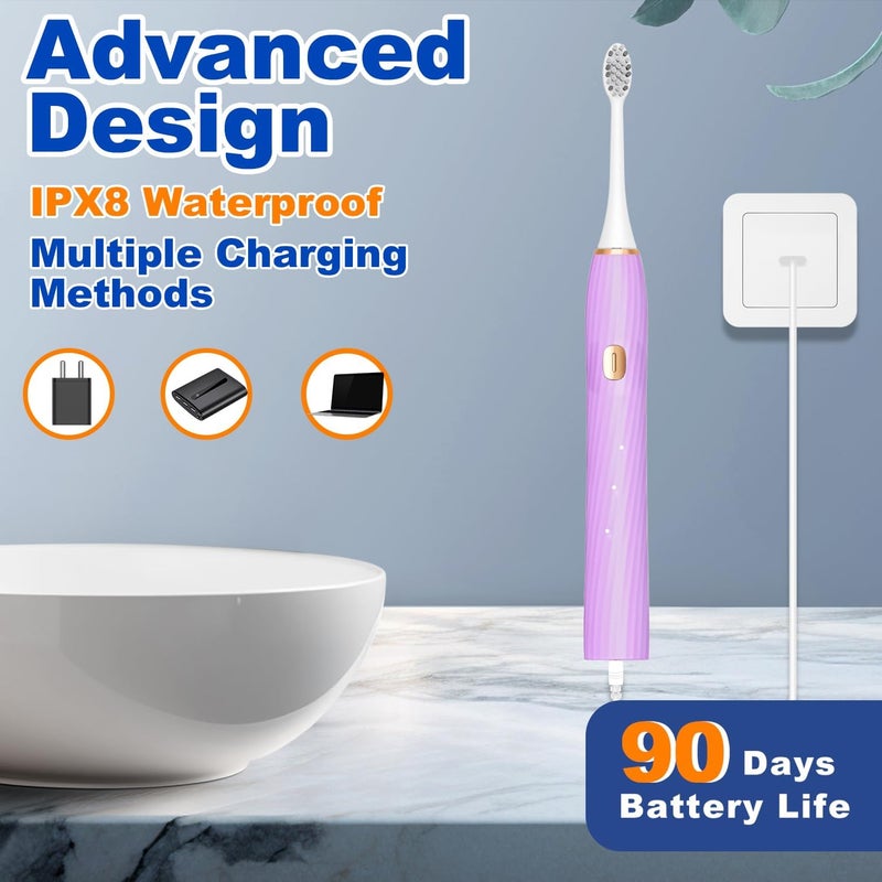 FXQQZZ Electric Toothbrush for Adults and Kids, with Tongue Scraper and Travel Case, 8 Brush Head, Smart Timer & 4 Modes Rechargeable Toothbrush, 42000 VPM Deep Clean, One Charge Last 90 Days - Purple - Image 5